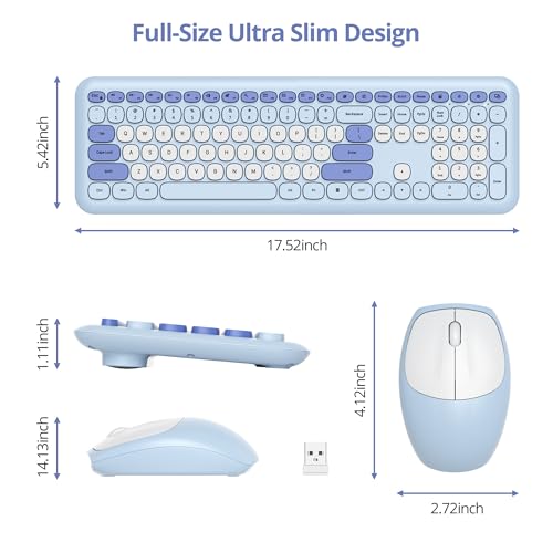 Tastatur und Maus Kabellos, Retro Bunt Tastatur Funktastatur mit Stille Mouse Amerikanisch QWERTY, Cute Wireless Schreibmaschine Tastaturin in Voller Größe USB 2.4GHz für PC 666pro-Blue Bild 4