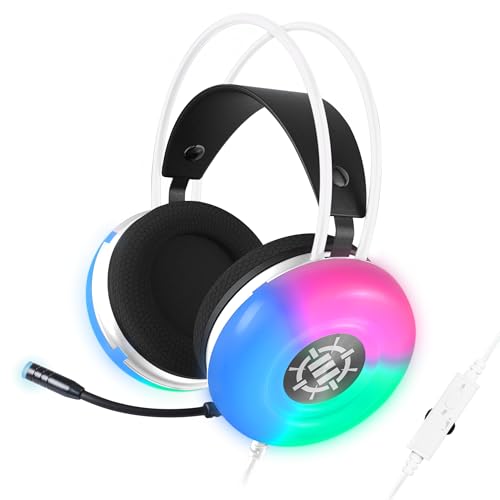 ENHANCE Theorem 3 Weiße Kopfhörer - PC-Gaming-Headset mit eingebauten Bassresonatoren, 2.0-Stereosound, farbwechselnden LEDs, 50mm-Treibern - Gaming-Kopfhörer Inline-Controller, inklusive Splitter Bild 1