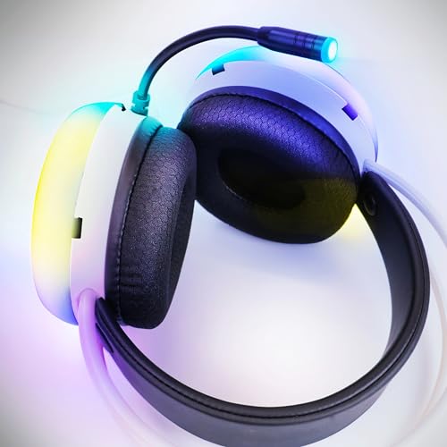 ENHANCE Theorem 3 Weiße Kopfhörer - PC-Gaming-Headset mit eingebauten Bassresonatoren, 2.0-Stereosound, farbwechselnden LEDs, 50mm-Treibern - Gaming-Kopfhörer Inline-Controller, inklusive Splitter Bild 2