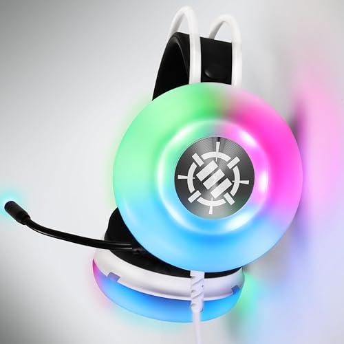 ENHANCE Theorem 3 Weiße Kopfhörer - PC-Gaming-Headset mit eingebauten Bassresonatoren, 2.0-Stereosound, farbwechselnden LEDs, 50mm-Treibern - Gaming-Kopfhörer Inline-Controller, inklusive Splitter Bild 3
