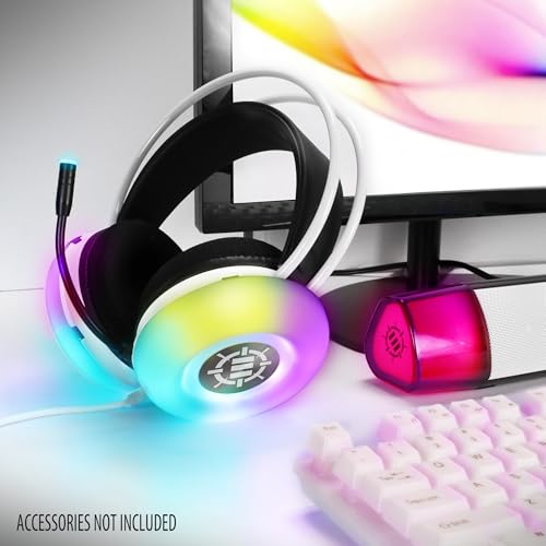 ENHANCE Theorem 3 Weiße Kopfhörer - PC-Gaming-Headset mit eingebauten Bassresonatoren, 2.0-Stereosound, farbwechselnden LEDs, 50mm-Treibern - Gaming-Kopfhörer Inline-Controller, inklusive Splitter Bild 5