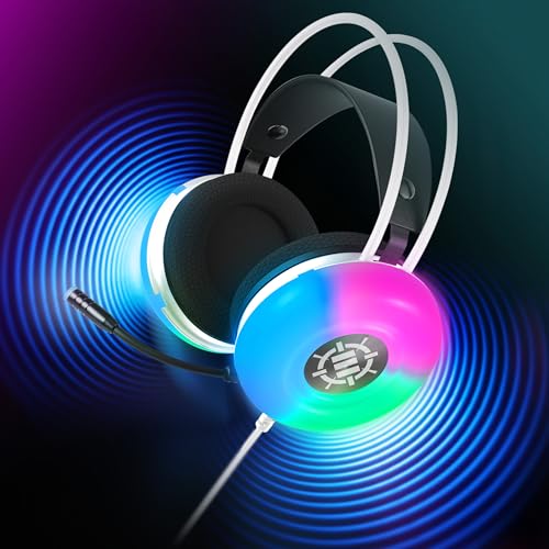 ENHANCE Theorem 3 Weiße Kopfhörer - PC-Gaming-Headset mit eingebauten Bassresonatoren, 2.0-Stereosound, farbwechselnden LEDs, 50mm-Treibern - Gaming-Kopfhörer Inline-Controller, inklusive Splitter Bild 6