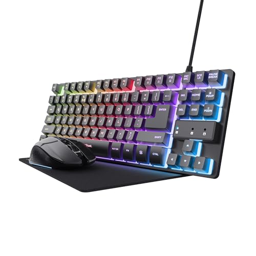 Trust GXT 1794 Set Gaming Tastatur QWERTZ DE Layout mit Funkmaus und Mauspad, 3-in-1 LED Gaming Paket, Wiederaufladbare Kabellose Maus 80 Stunden Akkulaufzeit, Kompakte TKL USB Tastatur PC, Schwarz Bild 1
