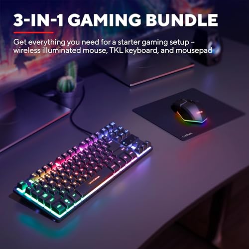 Trust GXT 1794 Set Gaming Tastatur QWERTZ DE Layout mit Funkmaus und Mauspad, 3-in-1 LED Gaming Paket, Wiederaufladbare Kabellose Maus 80 Stunden Akkulaufzeit, Kompakte TKL USB Tastatur PC, Schwarz Bild 2