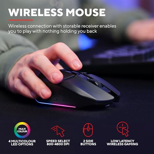 Trust GXT 1794 Set Gaming Tastatur QWERTZ DE Layout mit Funkmaus und Mauspad, 3-in-1 LED Gaming Paket, Wiederaufladbare Kabellose Maus 80 Stunden Akkulaufzeit, Kompakte TKL USB Tastatur PC, Schwarz Bild 3