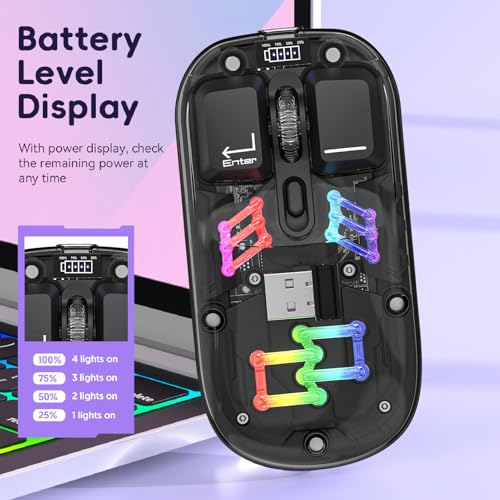 Cuifati Drahtlose Transparente Bluetooth-Maus, BT5.0 2,4 G Dual-Mode-USB-optische RGB-Wireless-Gaming-Maus, Wiederaufladbare Mute-Maus mit Klarem Kristallgehäuse für PC, Laptop, Tablet Bild 2