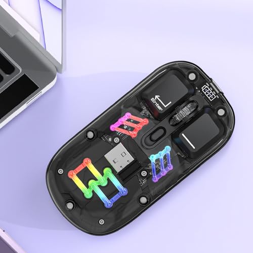 Cuifati Drahtlose Transparente Bluetooth-Maus, BT5.0 2,4 G Dual-Mode-USB-optische RGB-Wireless-Gaming-Maus, Wiederaufladbare Mute-Maus mit Klarem Kristallgehäuse für PC, Laptop, Tablet Bild 4