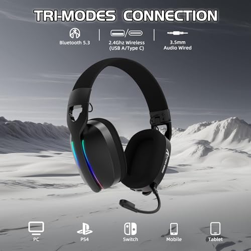 ATTACK SHARK L90 Ultraleichtes Kabelloses Gaming-Headset, BT, 2.4G, 3.5mm, RGB Faltbar, 7.1 Surround Sound Over-Ear Kopfhörer mit Abnehmbarem Geräuschunterdrückendem Mikrofon, für PC, Mobil - Schwarz Bild 2