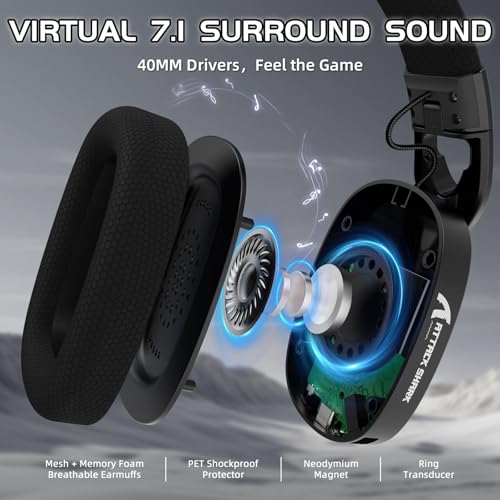 ATTACK SHARK L90 Ultraleichtes Kabelloses Gaming-Headset, BT, 2.4G, 3.5mm, RGB Faltbar, 7.1 Surround Sound Over-Ear Kopfhörer mit Abnehmbarem Geräuschunterdrückendem Mikrofon, für PC, Mobil - Schwarz Bild 3