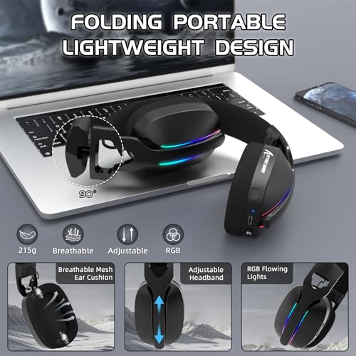 ATTACK SHARK L90 Ultraleichtes Kabelloses Gaming-Headset, BT, 2.4G, 3.5mm, RGB Faltbar, 7.1 Surround Sound Over-Ear Kopfhörer mit Abnehmbarem Geräuschunterdrückendem Mikrofon, für PC, Mobil - Schwarz Bild 5