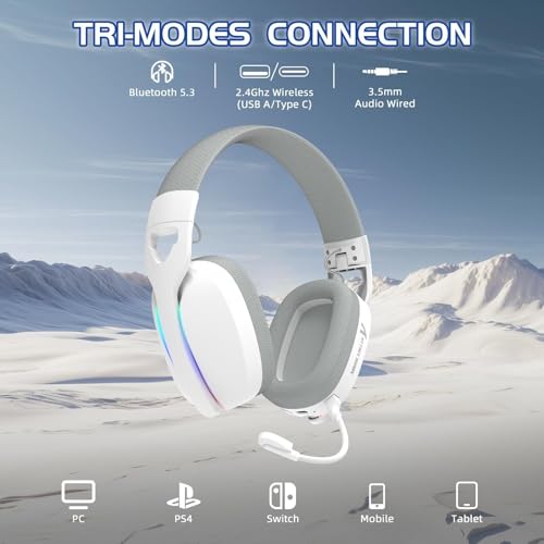 ATTACK SHARK L90 Ultraleichtes Kabelloses Gaming-Headset, BT, 2.4G, 3.5mm, RGB Faltbar, 7.1 Surround Sound Over-Ear Kopfhörer mit Abnehmbarem Geräuschunterdrückendem Mikrofon, für PC, Mobil - Weiß Bild 2