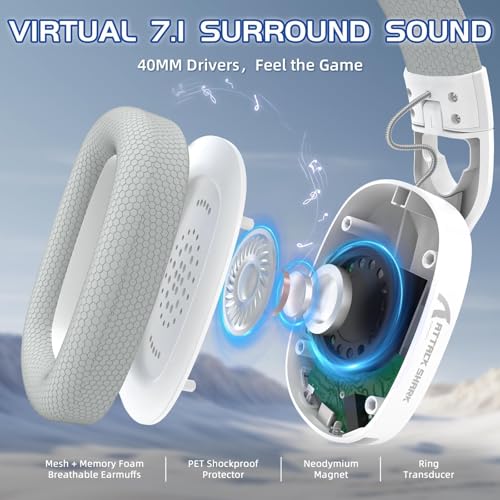 ATTACK SHARK L90 Ultraleichtes Kabelloses Gaming-Headset, BT, 2.4G, 3.5mm, RGB Faltbar, 7.1 Surround Sound Over-Ear Kopfhörer mit Abnehmbarem Geräuschunterdrückendem Mikrofon, für PC, Mobil - Weiß Bild 3