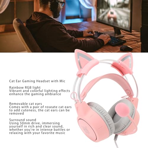 Katzenohr für Spiele, Kopfhörer mit RGB-Licht, verstellbares Kopfband, kabelgebundenes Gaming-Headset mit Mikrofon für PC, tragbare Spielekonsole Bild 2