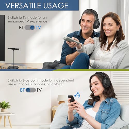 SIMOLIO Duo Kabelloser TV Kopfhörer zum Fernseher, Funkkopfhörer mit Kino & Dialogmodus, Bluetooth & TV Modus, Keine Verzögerung, Bypass zu Soundbar, Lautstärkeregler, 164FT/50M Reichweite, 737D Plus Bild 4
