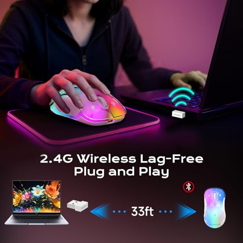 memzuoix LED Kabellose Maus – Wiederaufladbare 2.4G Optische Maus mit Magnetischer Abdeckung, Sanfter RGB-Beleuchtung, 1400 DPI, Ergonomisches Design mit USB-Empfänger für Laptop, PC und MacBook Bild 6
