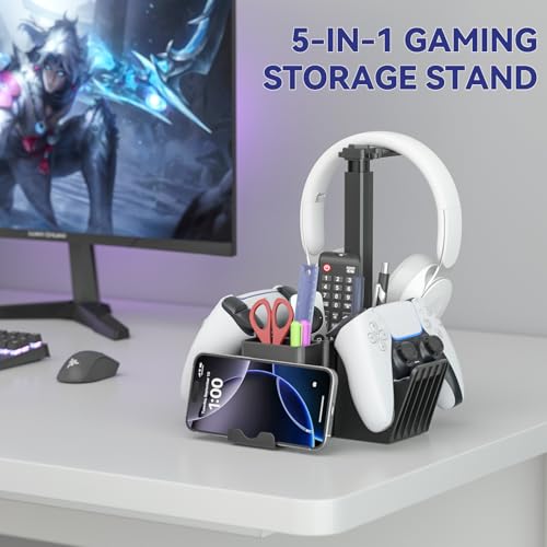 KDD Dual Controller Halterung - Universal Controller Halter Tisch & Gaming Headset Ständer mit Handyhalterung - Multifunktional Schreibtisch Gaming Organizer für Stift Xbox ONE PS5 PS4 PC Zubehör Bild 2