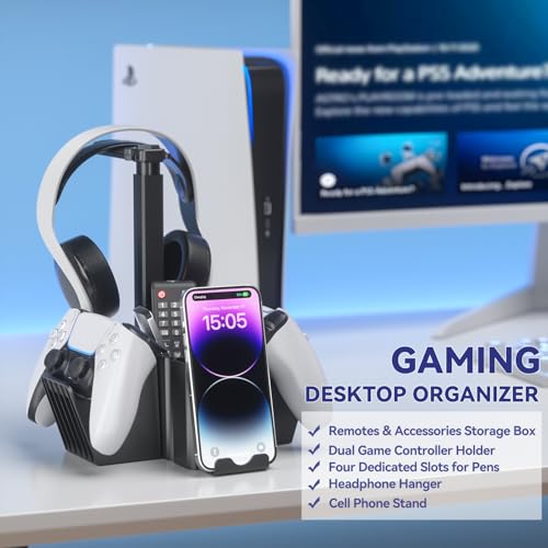 KDD Dual Controller Halterung - Universal Controller Halter Tisch & Gaming Headset Ständer mit Handyhalterung - Multifunktional Schreibtisch Gaming Organizer für Stift Xbox ONE PS5 PS4 PC Zubehör Bild 4