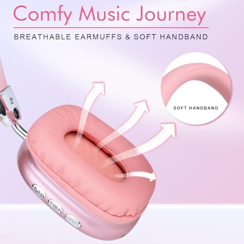 Over-Ear Kopfhörer Bluetooth 5.3, Drahtloser faltbarer Kopfhörer, Noise Cancelling Bluetooth Kopfhörer mit HiFi Stereo, Leichtes Gaming Headset mit Mikrofon, Einstellbarer On Ear Kopfhörer (Rosa) Bild 2