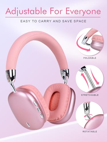 Over-Ear Kopfhörer Bluetooth 5.3, Drahtloser faltbarer Kopfhörer, Noise Cancelling Bluetooth Kopfhörer mit HiFi Stereo, Leichtes Gaming Headset mit Mikrofon, Einstellbarer On Ear Kopfhörer (Rosa) Bild 7