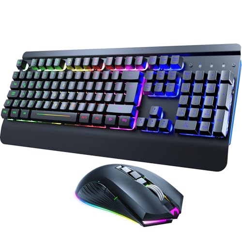 RisoPhy Gaming Tastatur Maus Set Kabellos, QWERTZ, Metallplatte, 7 Farben Beleuchtet, Wiederaufladbarer 3200 mAh Akku, Schlafmodus, Licht auf Tastatur + 7D 3200DPI Gaming Maus für PC Gamer Bild 1