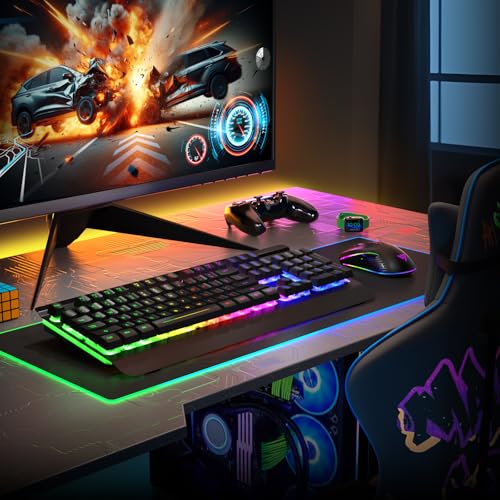 RisoPhy Gaming Tastatur Maus Set Kabellos, QWERTZ, Metallplatte, 7 Farben Beleuchtet, Wiederaufladbarer 3200 mAh Akku, Schlafmodus, Licht auf Tastatur + 7D 3200DPI Gaming Maus für PC Gamer Bild 2