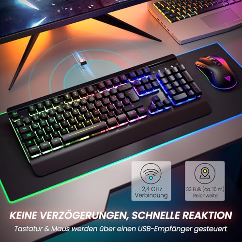 RisoPhy Gaming Tastatur Maus Set Kabellos, QWERTZ, Metallplatte, 7 Farben Beleuchtet, Wiederaufladbarer 3200 mAh Akku, Schlafmodus, Licht auf Tastatur + 7D 3200DPI Gaming Maus für PC Gamer Bild 3