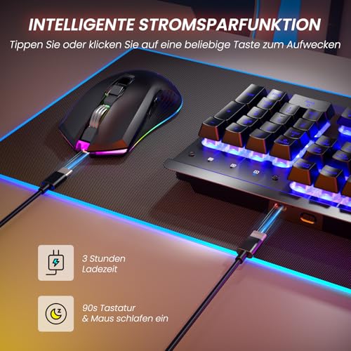 RisoPhy Gaming Tastatur Maus Set Kabellos, QWERTZ, Metallplatte, 7 Farben Beleuchtet, Wiederaufladbarer 3200 mAh Akku, Schlafmodus, Licht auf Tastatur + 7D 3200DPI Gaming Maus für PC Gamer Bild 4