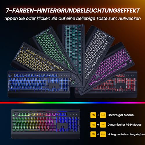 RisoPhy Gaming Tastatur Maus Set Kabellos, QWERTZ, Metallplatte, 7 Farben Beleuchtet, Wiederaufladbarer 3200 mAh Akku, Schlafmodus, Licht auf Tastatur + 7D 3200DPI Gaming Maus für PC Gamer Bild 5