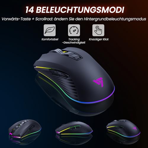 RisoPhy Gaming Tastatur Maus Set Kabellos, QWERTZ, Metallplatte, 7 Farben Beleuchtet, Wiederaufladbarer 3200 mAh Akku, Schlafmodus, Licht auf Tastatur + 7D 3200DPI Gaming Maus für PC Gamer Bild 6