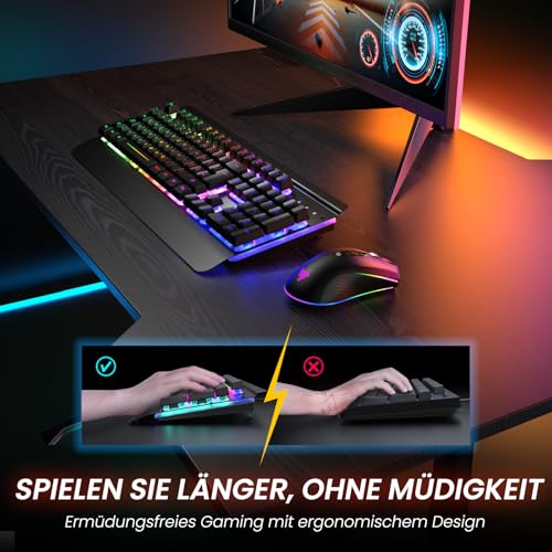 RisoPhy Gaming Tastatur Maus Set Kabellos, QWERTZ, Metallplatte, 7 Farben Beleuchtet, Wiederaufladbarer 3200 mAh Akku, Schlafmodus, Licht auf Tastatur + 7D 3200DPI Gaming Maus für PC Gamer Bild 7