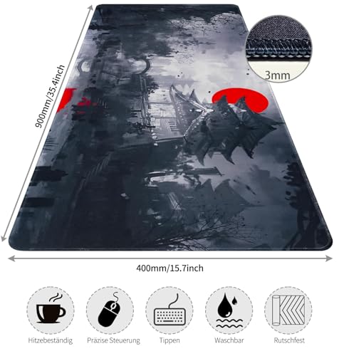 Mousepad,XXL Japanische Kunst Mauspad,Überdimensionales rutschfeste Gummimatten Gaming-Mauspad,Waschbares Mauspad für PC,Maus und Tastatur (900x400mm,Grau) Bild 3