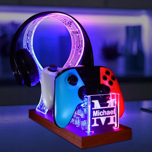 YuanDian Gamer-Geschenke für Teenager, Headset- und Controller-Ständer mit blau-rosa LED-Nachtlicht, hölzerner Controller-Halter aus Acryl mit PCB-Muster Bild 1