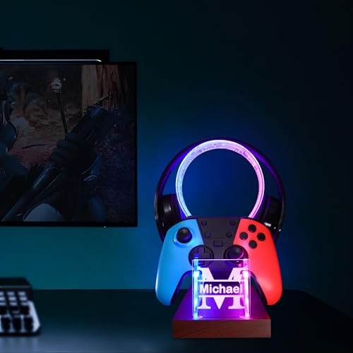 YuanDian Gamer-Geschenke für Teenager, Headset- und Controller-Ständer mit blau-rosa LED-Nachtlicht, hölzerner Controller-Halter aus Acryl mit PCB-Muster Bild 2