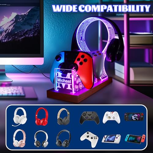 YuanDian Gamer-Geschenke für Teenager, Headset- und Controller-Ständer mit blau-rosa LED-Nachtlicht, hölzerner Controller-Halter aus Acryl mit PCB-Muster Bild 3