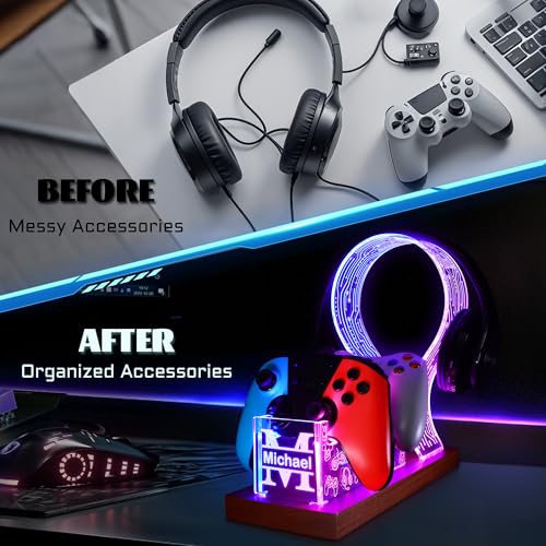YuanDian Gamer-Geschenke für Teenager, Headset- und Controller-Ständer mit blau-rosa LED-Nachtlicht, hölzerner Controller-Halter aus Acryl mit PCB-Muster Bild 4