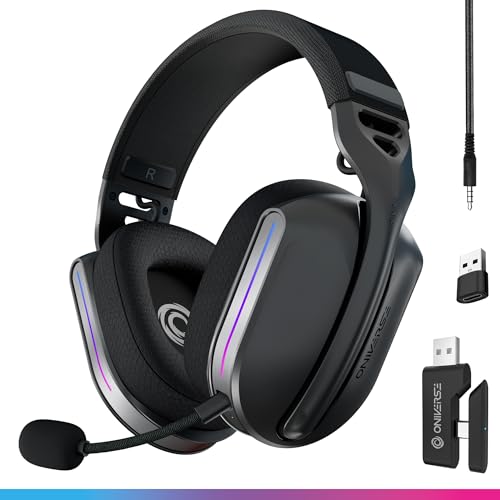 Oniverse Gaming-Headset, kabellos, kompatibel mit PS5, PS4, Switch, PC, mobil, leicht, LED, geringe Latenz, 2,4 GHz oder Bluetooth, Akku 33 Stunden, virtueller Sound, 7.1 Sound, Dual Mikrofon – Bild 1