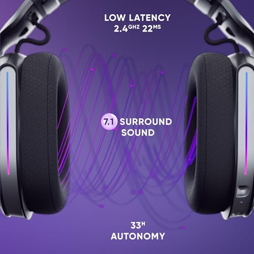Oniverse Gaming-Headset, kabellos, kompatibel mit PS5, PS4, Switch, PC, mobil, leicht, LED, geringe Latenz, 2,4 GHz oder Bluetooth, Akku 33 Stunden, virtueller Sound, 7.1 Sound, Dual Mikrofon – Bild 3