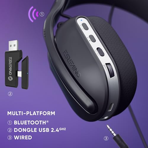 Oniverse Gaming-Headset, kabellos, kompatibel mit PS5, PS4, Switch, PC, mobil, leicht, LED, geringe Latenz, 2,4 GHz oder Bluetooth, Akku 33 Stunden, virtueller Sound, 7.1 Sound, Dual Mikrofon – Bild 4