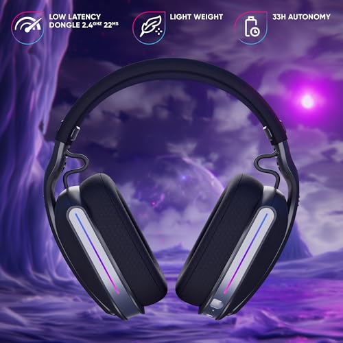 Oniverse Gaming-Headset, kabellos, kompatibel mit PS5, PS4, Switch, PC, mobil, leicht, LED, geringe Latenz, 2,4 GHz oder Bluetooth, Akku 33 Stunden, virtueller Sound, 7.1 Sound, Dual Mikrofon – Bild 6