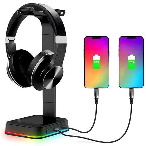 Retoo Headset Halterung Kopfhörer Ständer RGB Universal HUB USB Halter für Over Ear Kopfhörer Gaming Headset und Kopfhörerdisplay Geeignet für Tisch 12x13x26 cm Schwarz Bild 1