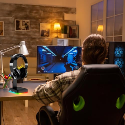 Retoo Headset Halterung Kopfhörer Ständer RGB Universal HUB USB Halter für Over Ear Kopfhörer Gaming Headset und Kopfhörerdisplay Geeignet für Tisch 12x13x26 cm Schwarz Bild 2