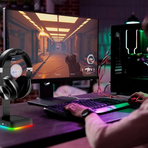 Retoo Headset Halterung Kopfhörer Ständer RGB Universal HUB USB Halter für Over Ear Kopfhörer Gaming Headset und Kopfhörerdisplay Geeignet für Tisch 12x13x26 cm Schwarz Bild 7