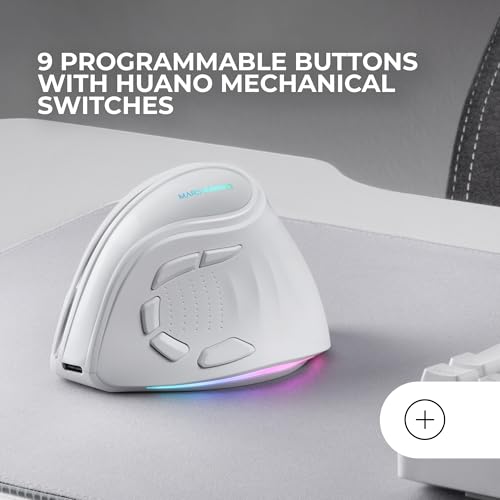 Mars Gaming MM-SK, Kabellose Vertikale Gaming-Maus, Ergonomisches, RGB Chroma-Beleuchtung, Pixart 8400DPI Optischer Sensor, Huano Mechanische Switches, 9 Programmierbare Tasten, Maus Tri-Mode, Weiß Bild 4