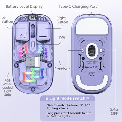 Kabellose Gaming-Mäuse mit Transparenter Hülle, BT 5.0/2.4G 2-Modus-RGB-Computermäuse mit Mehreren Effekten, Wiederaufladbare Slient-Maus für Laptop-Tablet (Purple) Bild 3