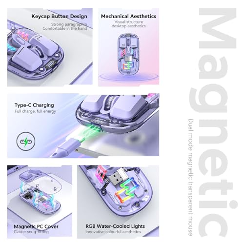 Kabellose Gaming-Mäuse mit Transparenter Hülle, BT 5.0/2.4G 2-Modus-RGB-Computermäuse mit Mehreren Effekten, Wiederaufladbare Slient-Maus für Laptop-Tablet (Purple) Bild 7
