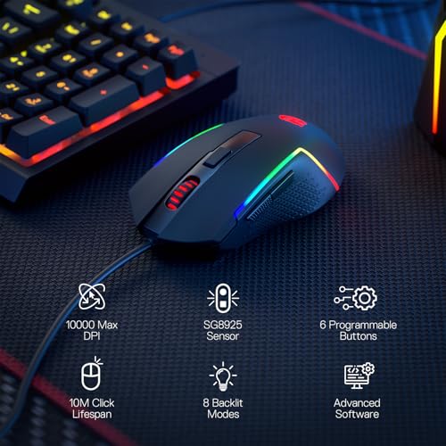 Redragon M616 RGB-Gaming-Maus, kabelgebundene optische Maus mit 10000 DPI, 6 programmierbaren Tasten und 8 Hintergrundbeleuchtungsmodi, Software unterstützt DIY-Tastenkombinationen Bild 2
