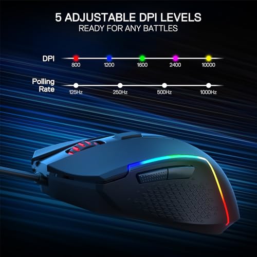 Redragon M616 RGB-Gaming-Maus, kabelgebundene optische Maus mit 10000 DPI, 6 programmierbaren Tasten und 8 Hintergrundbeleuchtungsmodi, Software unterstützt DIY-Tastenkombinationen Bild 3