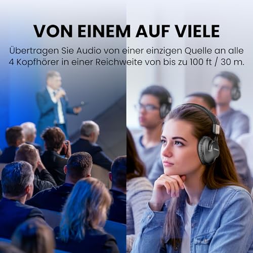 Avantree Quartet 2 – Bluetooth-kompatibles kabelloses Gruppenhörsystem mit Kopfhörern & Sender für Partys, Silent Discos, TV – Mehrere Kopfhörer mit niedriger Latenz & klarem Sound Bild 2