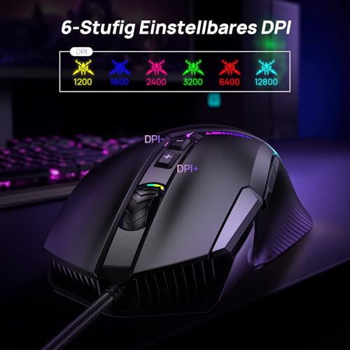 TECKNET Kabelgebundene Gaming Maus, 12800 DPI Einstellbar Mouse mit Optischem Sensor, 13 RGB-Lichter, 8 Programmierbare Tasten, Mäuse Mit Feuertaste, Gaming Mouse Für PC/Laptop, Nur Für Rechtshänder Bild 2