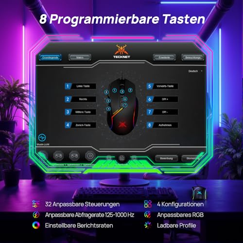 TECKNET Kabelgebundene Gaming Maus, 12800 DPI Einstellbar Mouse mit Optischem Sensor, 13 RGB-Lichter, 8 Programmierbare Tasten, Mäuse Mit Feuertaste, Gaming Mouse Für PC/Laptop, Nur Für Rechtshänder Bild 3